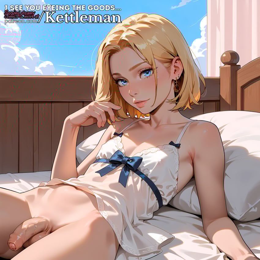 ai_generated babydoll bed blonde_hair blue_eyes cute femboy feminine feminine_male flaccid flaccid_penis foreskin kettleman laying_on_bed lingerie pajamas petite seductive sexy sissy slender_body slender_waist slim_waist small_penis trap twink uncircumcised uncut