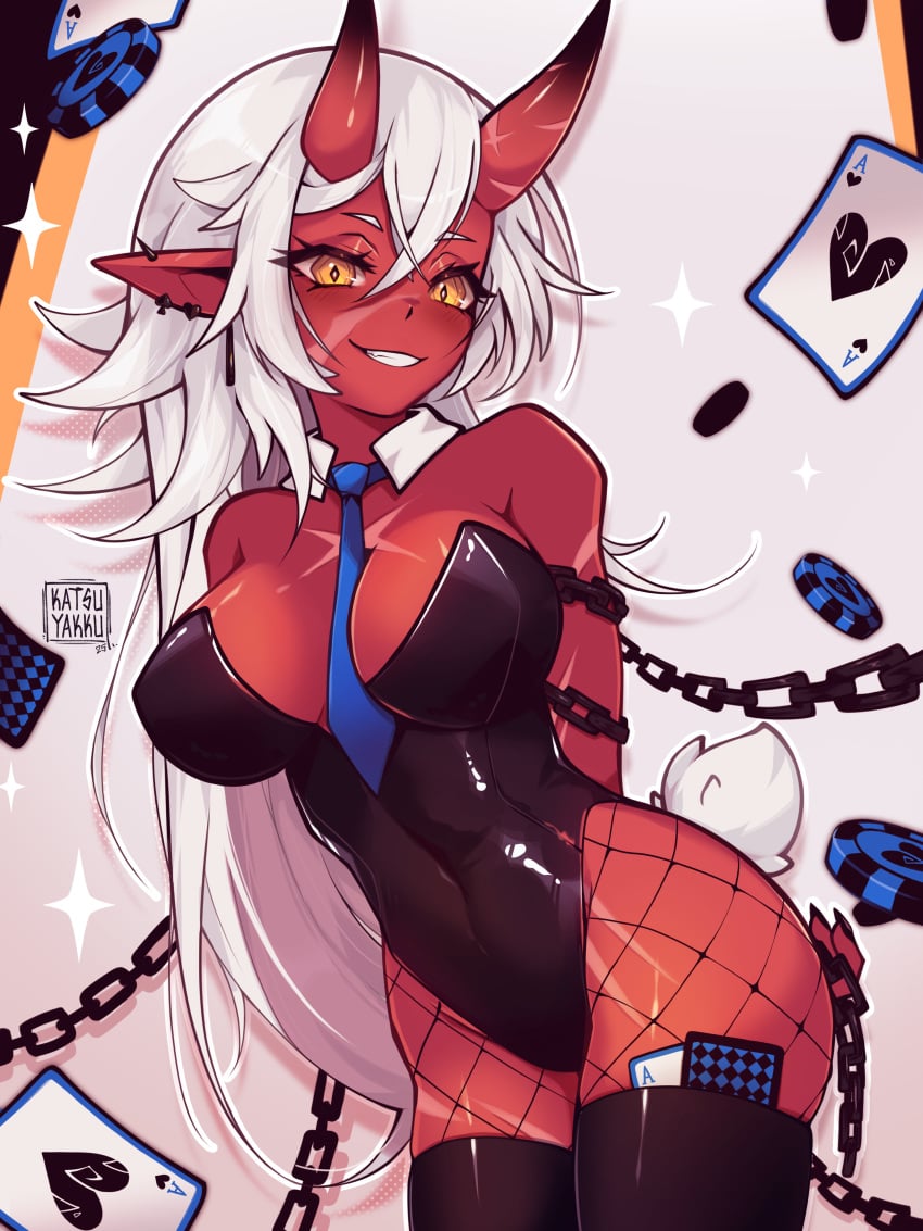 akumi animal_ears arms_behind_back bare_shoulders black_legwear black_leotard blue_neckwear blush bondage bound breasts broken broken_chain bunny_ears bunny_girl bunny_tail bunnysuit card chained chains cleavage collar cuffs demon_girl detached_collar female fishnet_legwear fishnets flail gold_chain hair_between_eyes handcuffs heart highleg horns large_breasts leash leotard long_hair looking_at_viewer money necktie oni oni_horns pantyhose patreon_username playing_card pocket_watch ponytail red_skin restrained shackles smile solo sparkle sparkle_background strapless strapless_leotard tagme tail teeth thighhighs virtual_youtuber vyugen white_hair wrist_cuffs yellow_eyes