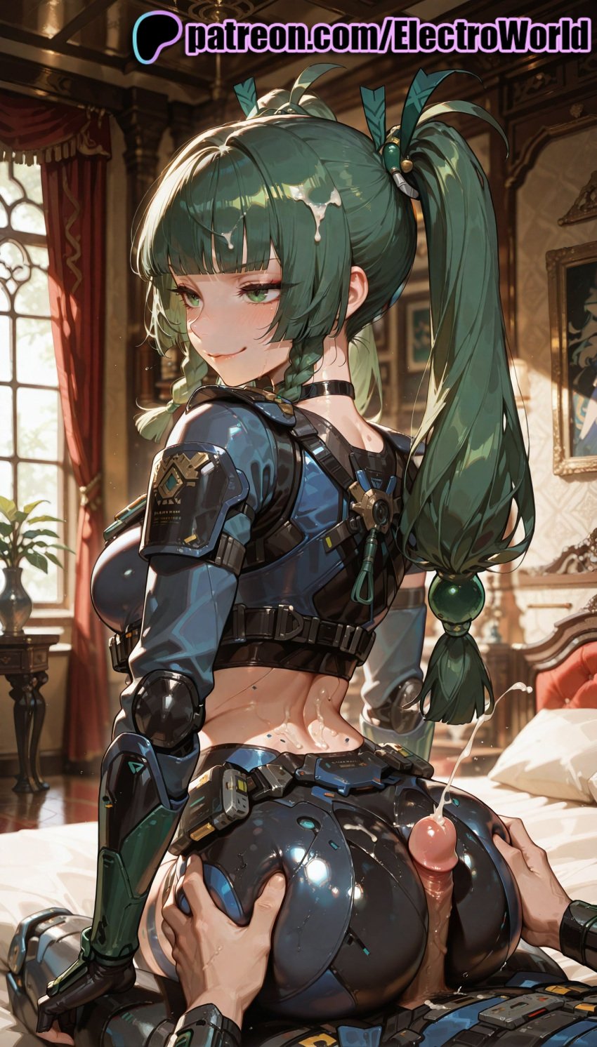 1boy 1girls 2025 ai_generated artist_name ass_grab cum cum_on_clothes electroworld female green_hair hi_res high_quality high_resolution highres long_hair patreon patreon_username qingyi_(zenless_zone_zero) stable_diffusion straight torn_clothes watermark window zenless_zone_zero
