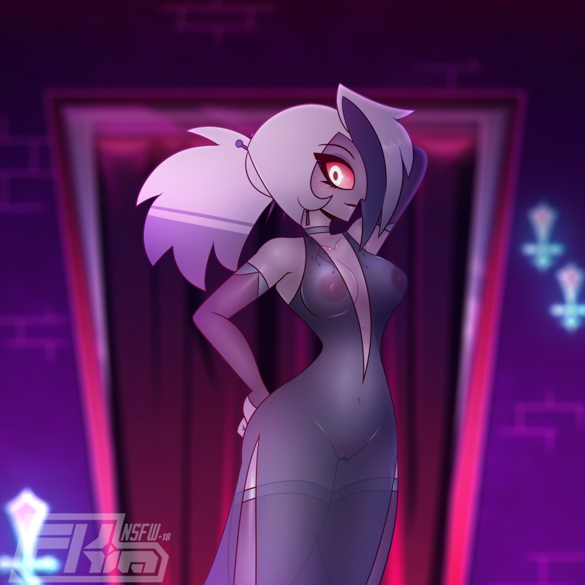 angel angel_girl breasts female female_only fkimnsfw hazbin_hotel large_breasts long_hair looking_at_viewer pussy see-through see-through_clothing see-through_dress vaggie_(hazbin_hotel) vagina