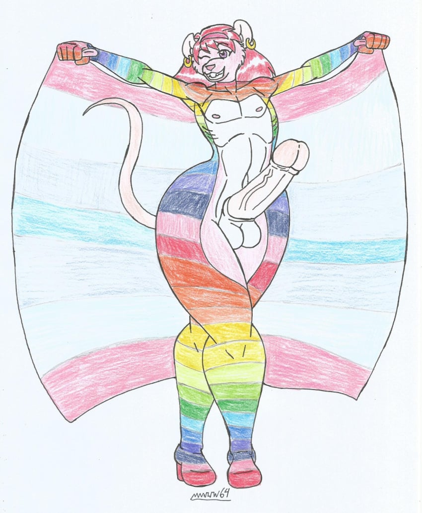 1boy 2d anthro big_hips big_penis earrings exposed_ass exposed_chest exposed_penis exposed_torso femboy full_body furry ginger_hair hairbow high_heels lgbt lgbt_pride lgbt_pride_colors lgbt_pride_month long_hair_male long_penis looking_at_viewer male male_only marlon64 modified_costume nude pink_body pink_fur pride_flag pride_month purple_eyes rainbow_pride_colors rat_boy rat_humanoid red_hair rose_mice_(waifuland) smiling_at_viewer solo solo_femboy teen_boy traditional_drawing traditional_media trans_boy trans_man transgender transmasc transmasc_pride_colors voluptuous_femboy waifuland walked_in_on white_background white_fur wink