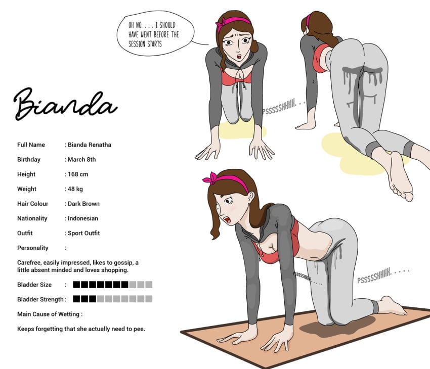 1girls ass bianda_(polapolabianda) breasts brown_hair character_sheet cleavage hair_band hairband omorashi open_mouth original peeing peeing_self pink_hairband polapolabianda solo tongue wet wet_pants wetting wetting_self yoga_mat yoga_pants