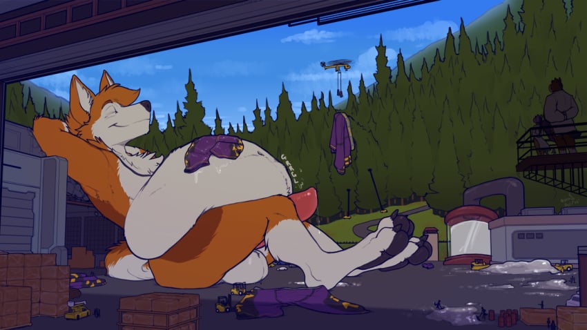 anthro balls belly big_balls big_belly big_penis bodily_fluids canid canine canis cum digestion forest genital_fluids genitals macro male male_pred male_prey mammal nommz penis plant solo tree vore