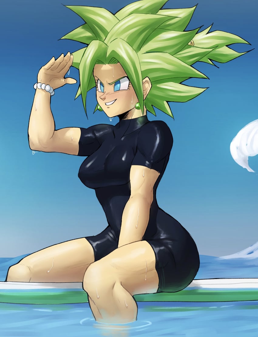 1girls big_ass big_breasts black_clothing blue_eyes breasts dragon_ball dragon_ball_super earrings echosaber female female_saiyan fully_clothed fusion green_eyes green_hair hair huge_ass kefla legendary_super_saiyan light-skinned_female light_skin potara_earrings saiyan short_hair smile solo solo_female spiky_hair super_saiyan surfboard universe_6 universe_6/universe_7 universe_6_girls wave wet_clothes wetsuit