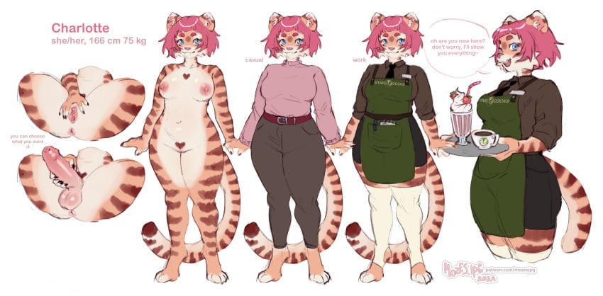 anthro areola bartender belt beverage blue_eyes breasts charlotte_(mozes.ipg) clitoris coffee countershading english_text felid female female_anthro fur furry genitals hair heart_pubes hi_res humanoid_genitalia humanoid_penis humanoid_pussy mammal model_sheet mozes.ipg navel nipples nude nude_anthro nude_female pantherine penis pink_hair pubes pussy solo standing striped_body striped_fur stripes tail talking_to_viewer text tiger