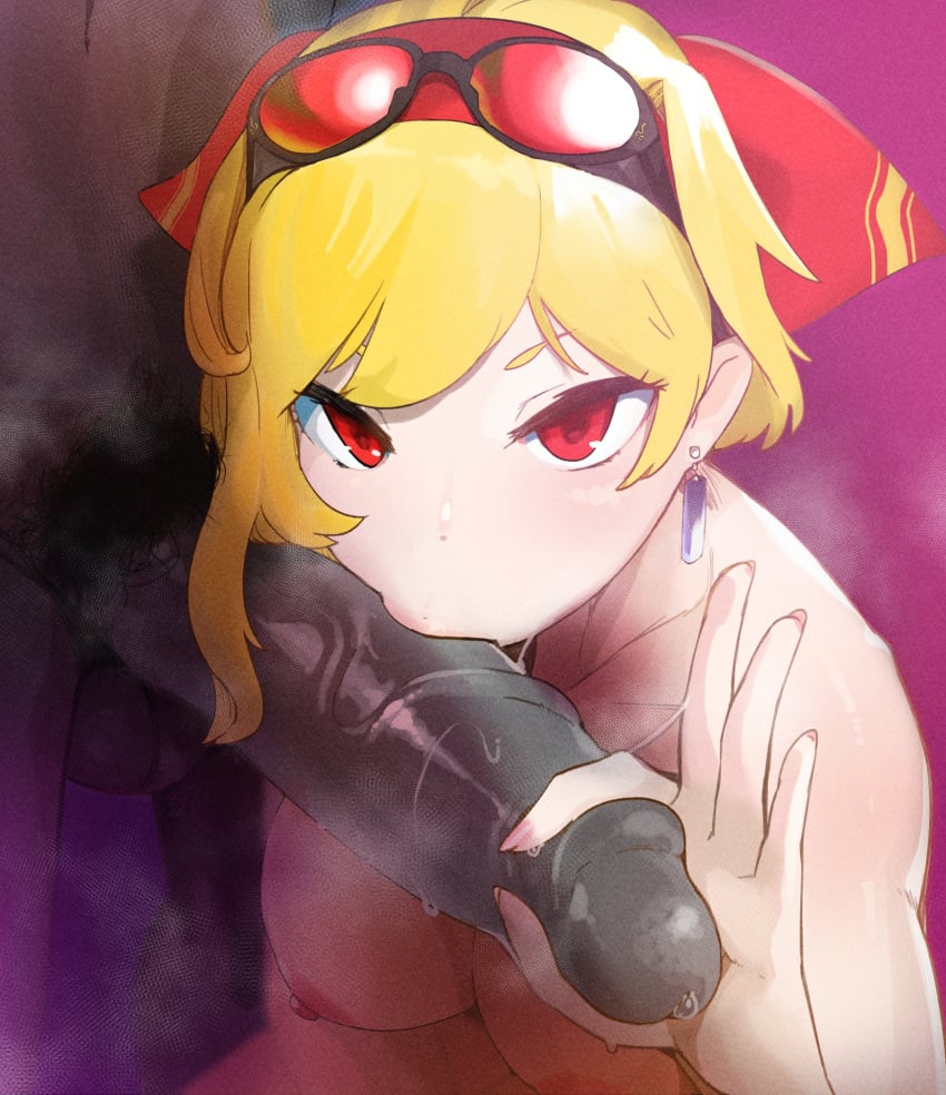 1boy blonde_hair breasts breath dark-skinned_male dark_skin earrings fellatio female goggles goggles_on_head handjob highres hololive hololive_indonesia hololive_indonesia_holoh3ro interracial jewelry kaela_kovalskia large_breasts large_penis looking_at_viewer male_pubic_hair mdthetest nipples nude oral penis precum pubic_hair purple_background red-tinted_eyewear red_eyes short_hair steaming_body straight testicles tinted_eyewear veins veiny_penis virtual_youtuber