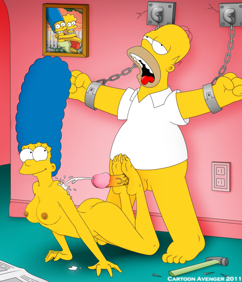 cartoon_avenger chained chained_up chained_wrists cum edit feet femdom footjob homer_simpson marge_simpson the_simpsons