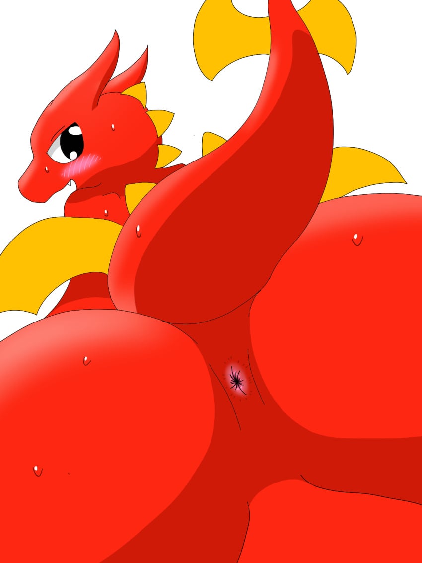 2023 anthro anus ass backsack balls big_butt blush blush_lines bodily_fluids dragon drain_scat embarrassed genitals hi_res looking_back lucky_(msi) male msi mythological_creature mythological_scalie mythology nervous nude open_mouth presenting presenting_anus rear_view red_body red_tail reptile scalie simple_background solo sweat tail teeth wings yellow_wings