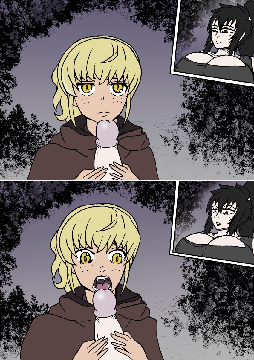 big_breasts big_penis breasts emotionless futa_on_female futanari imminent_oral imminent_sex leonie_tax looking_at_another looking_at_partner looking_down looking_up mole muscular_futanari open_mouth penis_in_hand penis_in_mouth ponytail rachel_(tower_of_god) spit warts
