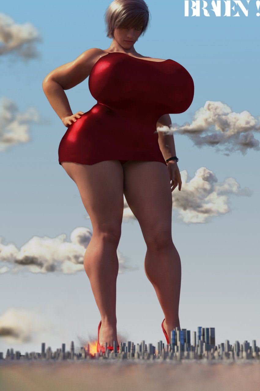 1girls big_breasts bradengts breasts city city_destruction destruction female female_focus female_only giant_female giantess giga_giantess heels huge_boobs huge_breasts large_boobs large_breasts light-skinned_female light_skin nose_ring red_dress red_heels short_hair short_hair_female solo solo_female solo_focus