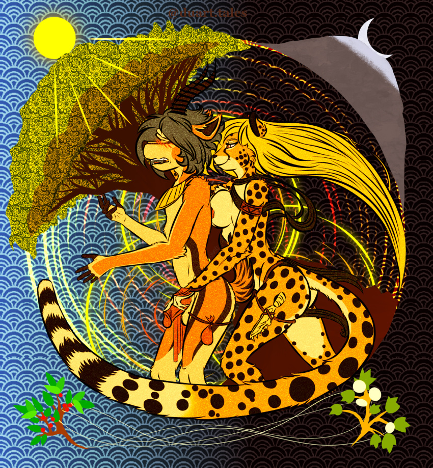 5_fingers antelope anthro anthro_on_anthro ass balls black_nose blonde_hair blue_hair blush bottomwear bottomwear_aside bovid breasts bulge cheetah clothed clothed_anthro clothed_female clothed_male clothing clothing_aside duartthebirdman duo felid feline female fingers fur gazelle genitals hair hand_covering_face hand_on_penis hi_res humanoid_hands interspecies knife loincloth loincloth_aside male male/female mammal markings mihari nipples penis predator/prey rehzi_(fluff-kevlar) smile spots spotted_body spotted_fur tail tan_body tan_fur teasing topless topless_anthro topless_female topless_male tribal yellow_body yellow_fur