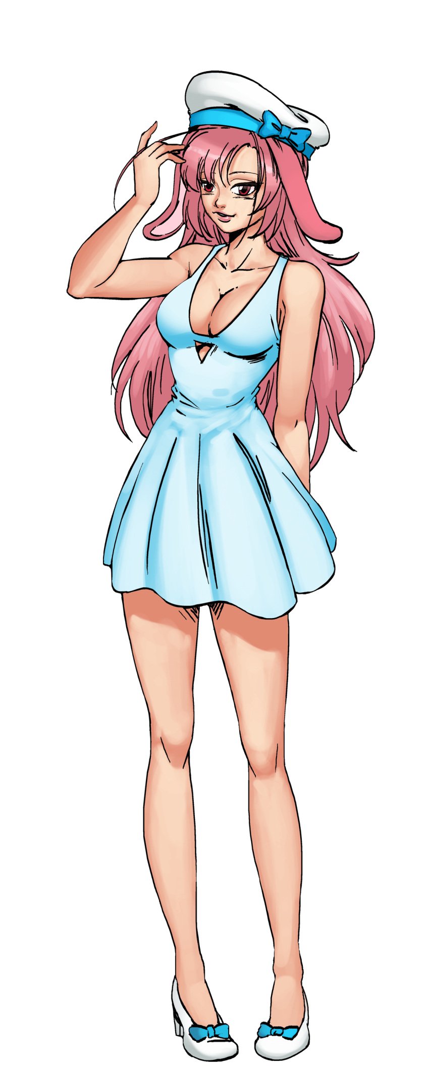 breasts bunny_(hentai_heroes) cg cleavage dress female full_body hat hentai_heroes kinkoid large_breasts legs long_hair loving_bunny_(hentai_heroes) official_art parody pink_hair red_eyes shoes simple_background smile solo standing transparent_background