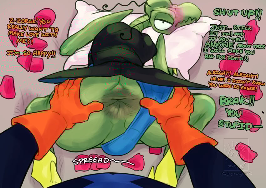 alien antennae_(anatomy) anthro anus arthropod ass bed blush brak clothing clothing_aside dialogue dokarian drstrangeluvve duo embarrassed english_text felid first_person_view furniture gloves handwear hanna-barbera hi_res insects looking_at_another looking_at_partner looking_back looking_back_at_another looking_back_at_partner male male/male mammal on_bed onomatopoeia petals pillow pillow_grab rose_petals sound_effects space_ghost_(series) spread_anus spread_butt spreading text zorak_(space_ghost)