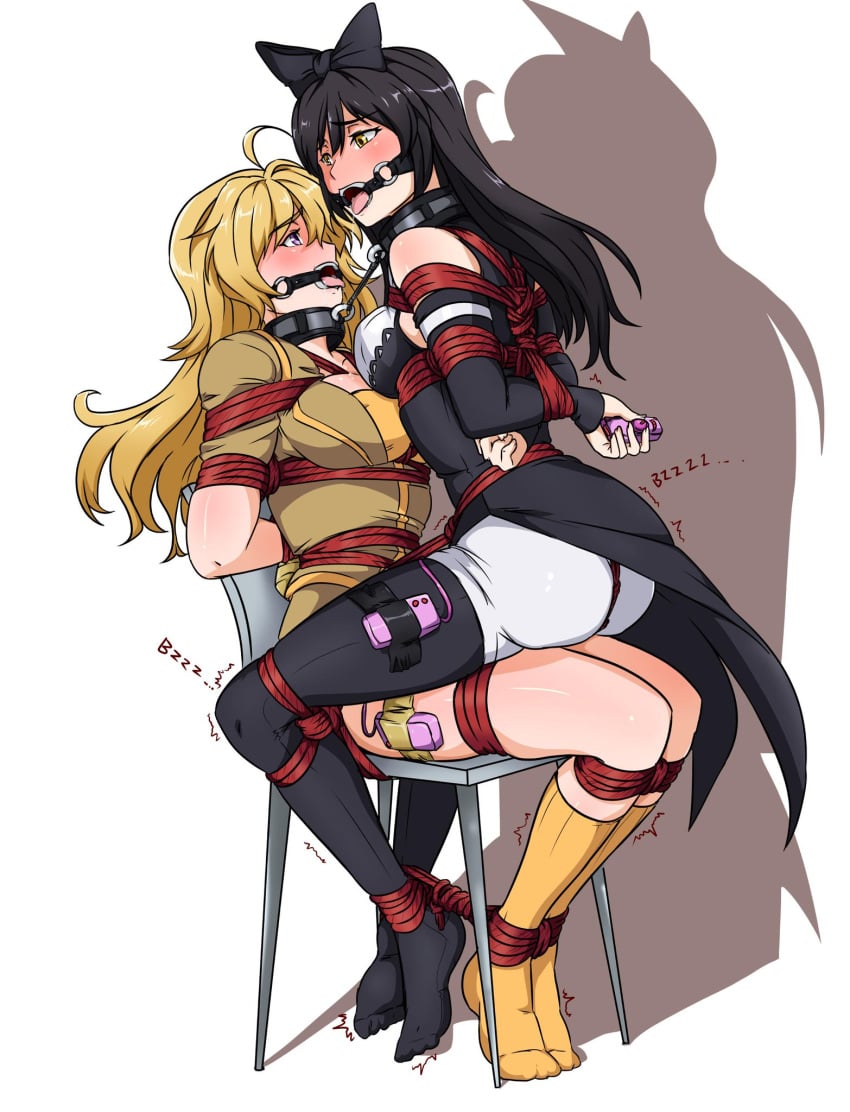 2girls amber_eyes arms_behind_back black_bow black_hair blake_belladonna blonde_hair blush bondage bound_together bow breasts_to_breasts canon_couple chair collar drool drooling faunus female female/female female_only femsub gag linked_collar long_hair multiple_girls multiple_subs no_shoes open_mouth_gag purple_eyes ring_gag rope rope_bondage rwby ryner-e stockings thighs tied_together tied_up tongue tongue_out vibrator yang_xiao_long yellow_eyes yuri