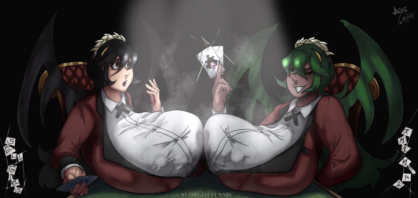 2girls aforgottenspc black_hair clothing copyright_request filia_(skullgirls) fukua_(skullgirls) green_eyes green_hair lipstick long_hair multiple_girls painted_nails red_eyes samson_(skullgirls) shamone_(skullgirls) skullgirls tagme