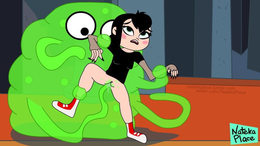 1boy 1girls black_hair black_shirt blobby_(hotel_transylvania) blush clothing disney female green_eyes green_tentacles hotel_transylvania hotel_transylvania:_the_series interspecies long_hair mavis_dracula monster monster_girl nateday no_panties open_mouth penetration pussy rape restrained shirt slime sony_pictures_animation spread_legs tentacle vaginal_penetration