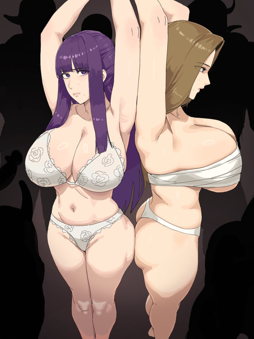 2girls anxious armpits arms_up ass bra breast_binding breasts brown_hair cleavage defeated defeated_heroine distress female female_focus fern_(sousou_no_frieren) floral_print helpless helpless_female heroine_in_trouble hourglass_figure imminent_rape ksksksa large_breasts long_hair methode_(sousou_no_frieren) panties purple_eyes purple_hair sousou_no_frieren sweat thick_thighs thighs underwear underwear_only voluptuous voluptuous_female