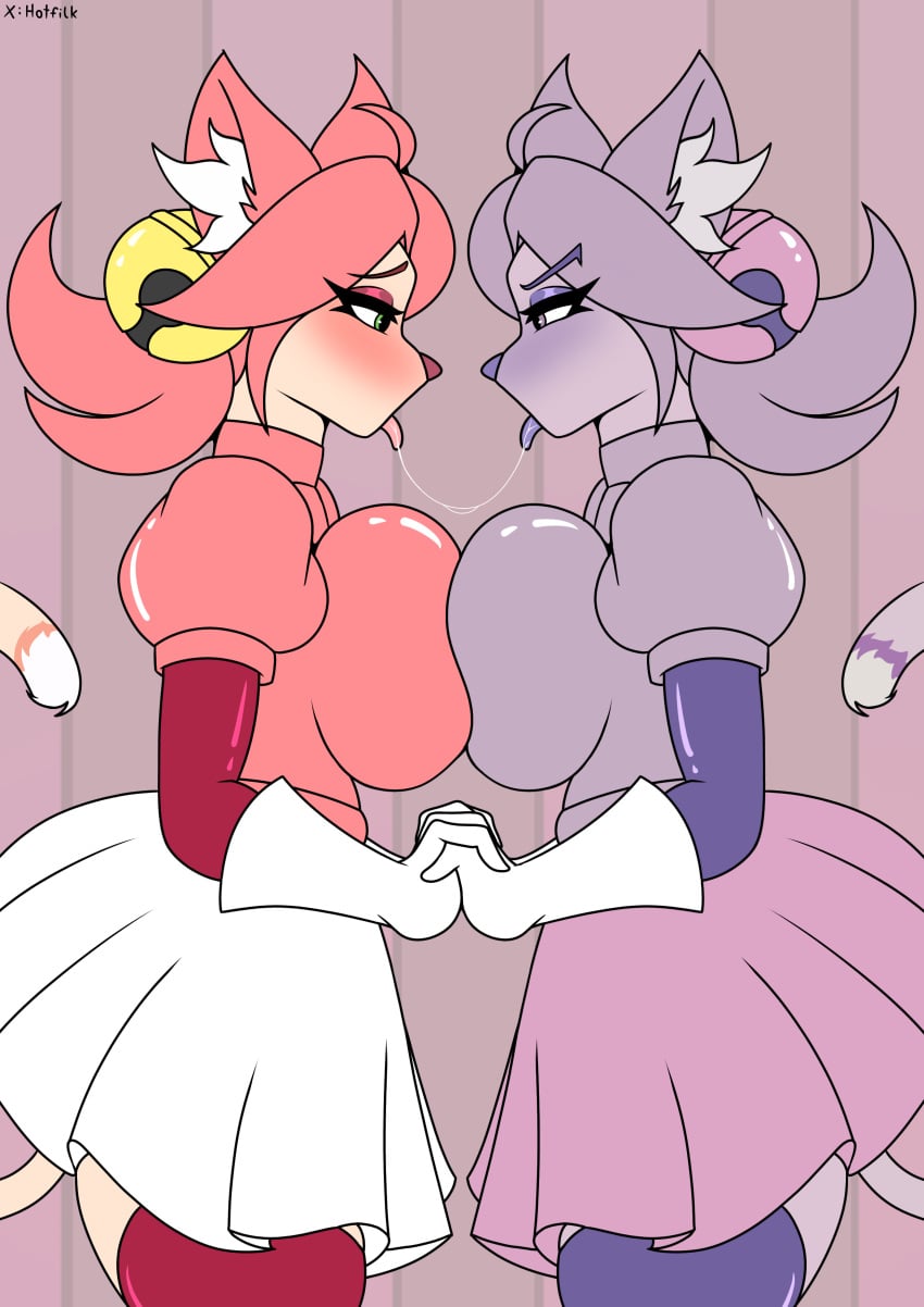 2girls anthro bell big_breasts bodily_fluids boobs_pressed bottomwear breasts cat_ears cat_tail catgirl clothing deltarune deltarune_chapter_5 duo female female/female female_only hair hi_res hotfilk huge_breasts mad_mew_mew mew_mew_(undertale) mew_mew_kissy_cutie pressing_breasts_together saliva selfcest short_hair skirt thick_thighs trans_woman twitter undertale_(series) yuri