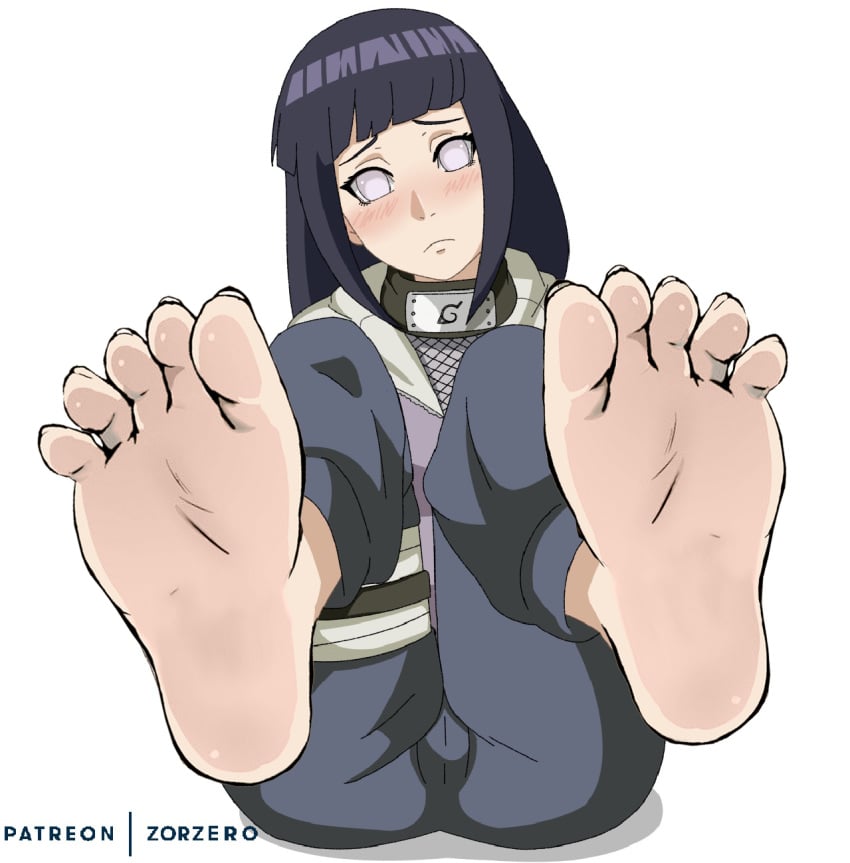 1girls barefoot blush cameltoe dark_hair feet feet_together feet_up female foot_focus hyuuga_hinata naruto naruto_shippuden pale_skin patreon pov_feet shy soles solo_female toenails toes white_background white_eyes zorzero