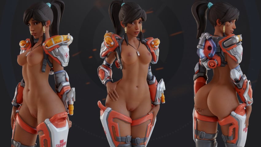 1girls 3d arhoangel blender dark-skinned_female dark_skin exposed_torso female female_only lifeguard_pharah looking_at_viewer overwatch pharah ponytail solo