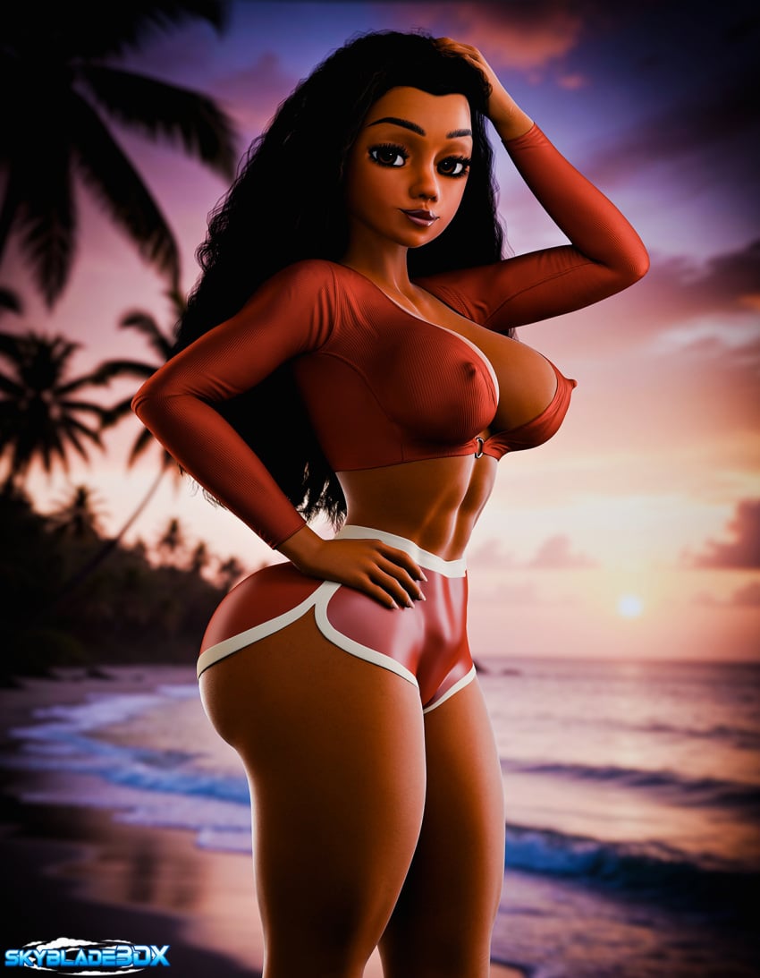 1girls 3d ass big_ass big_breasts black_hair breasts curly_hair dark-skinned_female dark_skin disney erect_nipples female female_only large_breasts moana moana_waialiki nipple_bulge skyblade3dx