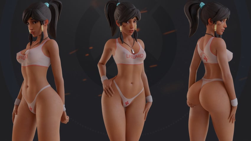 1girls 3d arhoangel blender dark-skinned_female dark_skin female female_only lifeguard_pharah looking_at_viewer overwatch pharah ponytail solo thong