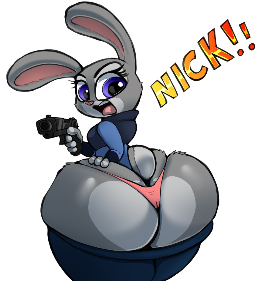 1girls anthro ass ass_cleavage big_ass bottom_heavy butt_crack clothed clothing disney female female_only furry gun huge_ass judy_hopps large_ass looking_back name_drop panties parumpi purple_eyes rabbit ranged_weapon rear_view solo thick_thighs thighs white_background wide_hips zootopia