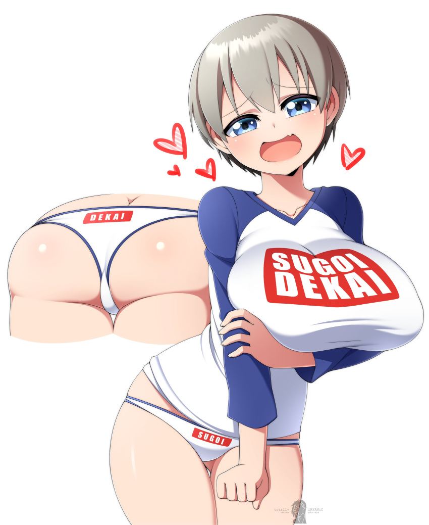 1girls ass big_breasts blue_eyes blush clothed female heart iryanic large_breasts lip_fang looking_at_viewer no_pants panties partially_clothed pointy_chin short_hair simple_background sugoi_dekai uzaki-chan_wa_asobitai! uzaki_hana white_background