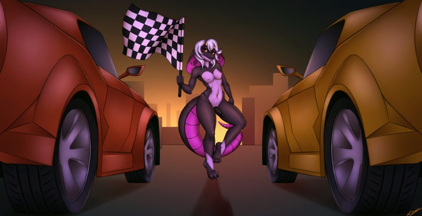 2020 4_toes 5_fingers anthro areola breasts car checkered_flag digital_media_(artwork) fingers futanari genitals gynomorph hair hi_res intersex lizard navel nipples non-mammal_breasts penis reptile scalie shumey solo standing toes vehicle white_hair