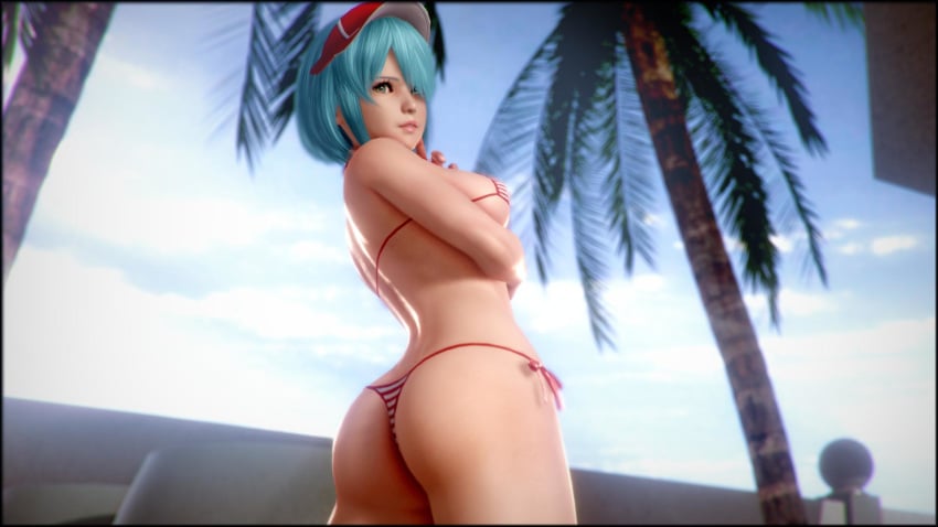 3d 3d_(artwork) ass back_view beach bikini blonde_hair crossed_arms dead_or_alive dead_or_alive_6 female_focus female_only green_eyes hair_over_one_eye hat honey_select illusion_soft nico_(doa) outdoors peaked_cap pose restweld short_hair smile standing tecmo