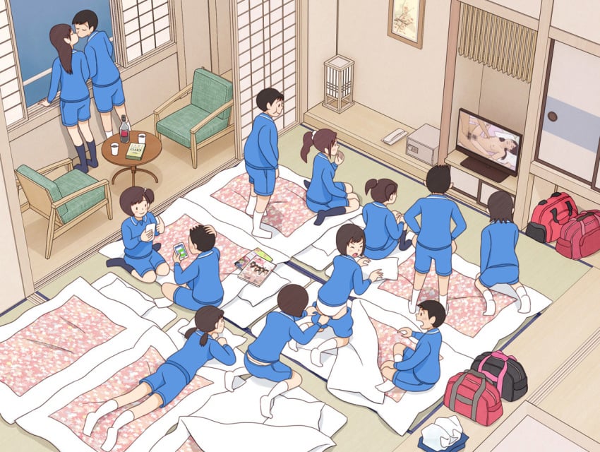 5boys 6+girls assisted_exposure bag black_hair black_legwear blush brown_hair cellphone censored chair duffel_bag futon gym_uniform indoors kissing kiyo_(kyokyo1220) kneehighs long_hair lying mosaic_censoring multiple_boys multiple_girls on_stomach original panties pantsing phone ponytail pornography ryokan safe_(container) sex short_hair shorts side_ponytail sitting sitting_indian_style smartphone table television twintails underwear wariza watching_television white_legwear white_panties