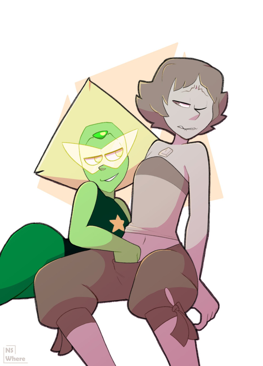 biting_lip clothed clothed_female clothed_sex duo female female_only gem_(species) gemsona green_skin hand_in_pants neversaywhere original_character peridot_(steven_universe) platinum_blonde_hair rubbing_pussy spread_legs steven_universe tagme