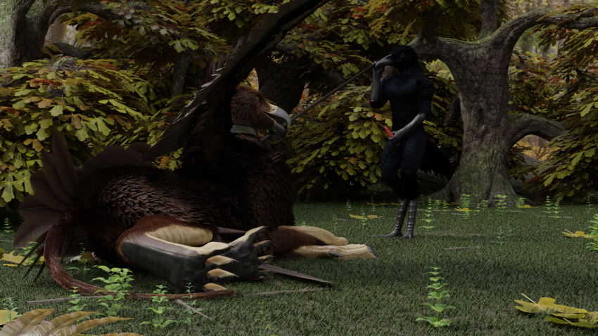 3d anthro avian bird collar corvid corvus_(genus) duo feral gryphon hi_res male male/male mythological_avian mythology oscine passerine raven555 raven_(bird)