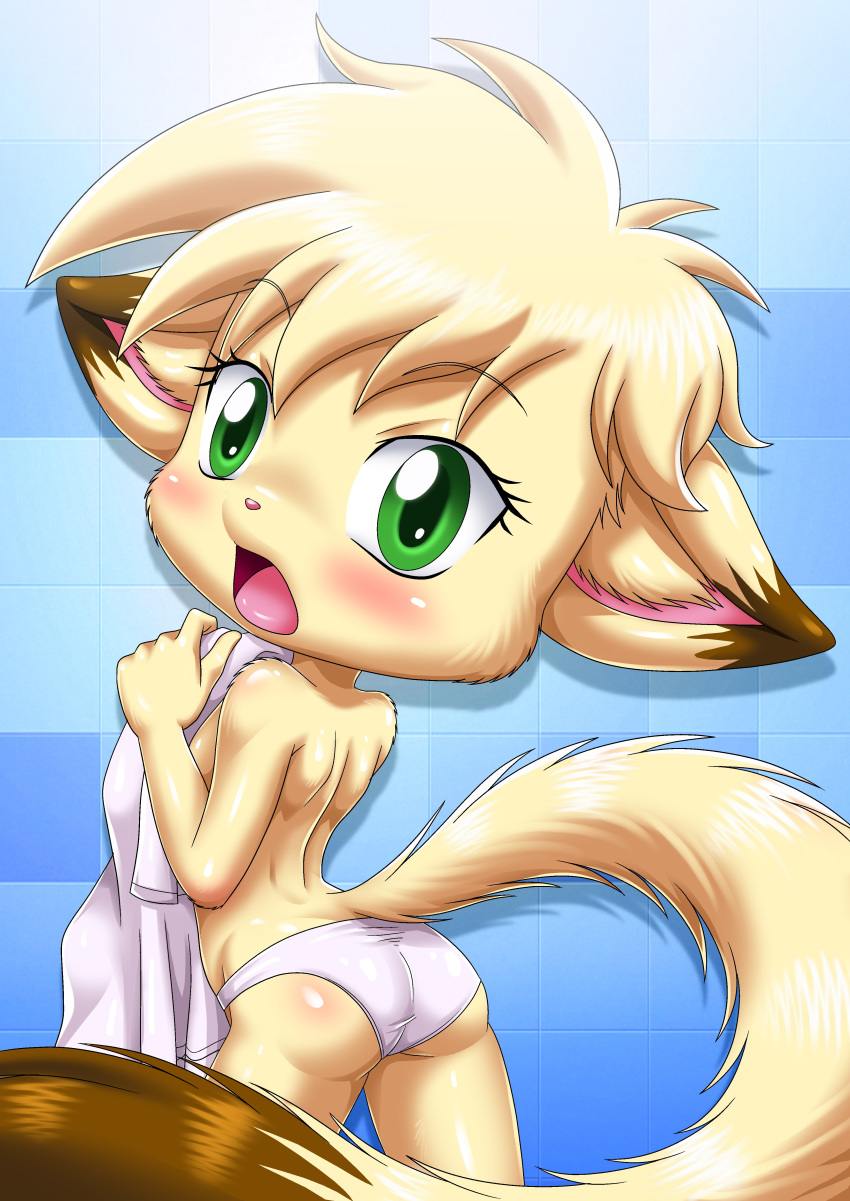 animal_ears annie_(little_tails) anthro bbmbbf cute female fur furry green_eyes huge_head little_tails palcomix panties solo tagme tail underwear yellow_fur