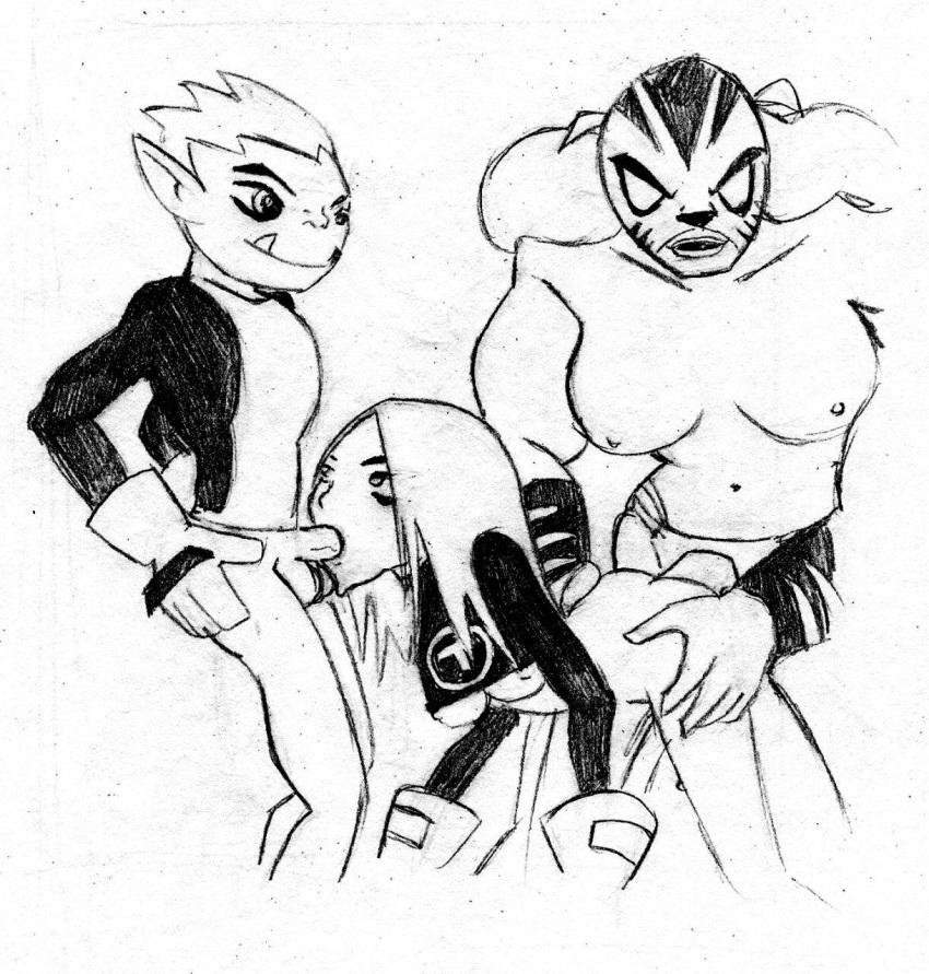 1boy 2girls beast_boy bisexual dc_comics monochrome pantha penis rosabelle_mendez rough_sketch sex smooth_skin strap-on teen_titans terra threesome yuri