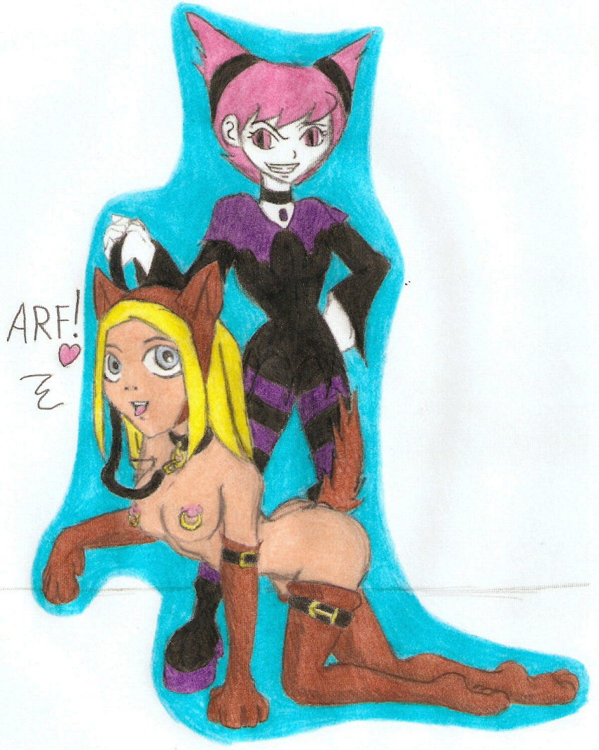 2girls all_fours bark collar dc_comics dog_ears female female_only jinx_(dc) leash multiple_girls straight_hair teen_titans terra terra_(dc)