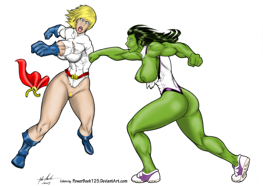 00s 2000s 2009 2girls ass avengers big_breasts blonde_hair blue_eyes boots breasts catfight color colored crossover dc dc_comics fabio_miranda female female_only fight green_hair green_skin hulk_(series) kara_zor-l karen_starr leotard long_hair marvel marvel_comics multiple_girls muscle muscular muscular_female nipples power_girl powerbook125 pubic_hair she-hulk shoes superman_(series) thong_leotard torn_clothes