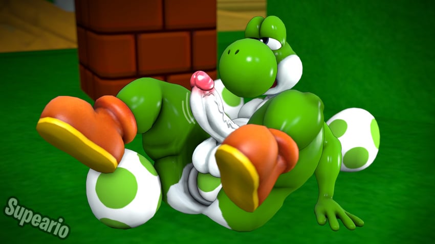 3d_(artwork) absurd_res anthro digital_media_(artwork) egg egg_laying genitals green_yoshi hi_res male male_only male_penetrating mario_(series) nintendo penis solo source_filmmaker supeario super_mario_bros. video_games yoshi