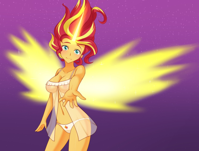 1girls aqua_eyes babydoll babydoll_lingerie belly blonde_hair daydream_shimmer equestria_girls female female_only friendship_games friendship_is_magic horn jonfawkes large_breasts lingerie looking_at_viewer magic multicolored_hair my_little_pony my_little_pony_friendship_is_magic navel nipples_visible_through_clothing offering_to_viewer orange_skin panties red_hair smile solo sunset_shimmer transparent_clothing wings