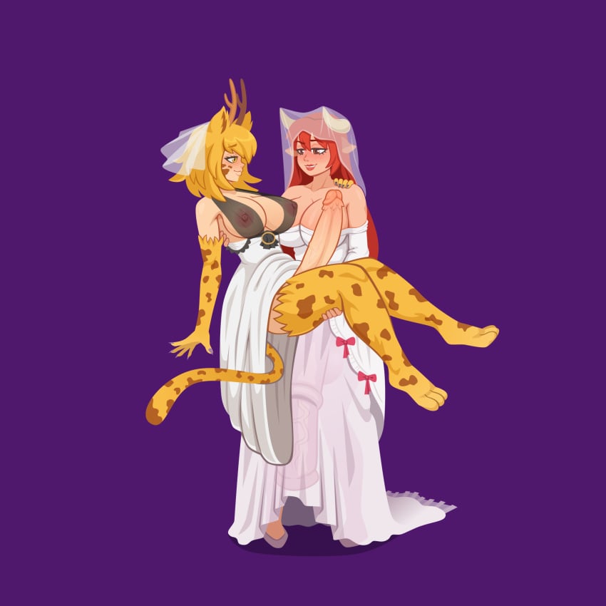 2futas animal_ears animal_humanoid animal_penis blush bride carrying cat_ears erection futa_only futanari horn horns horsecock huge_cock humanoid humanoid_penis karalyn_rose kemonomimi pale_skin penis_size_difference purplehorn_(artist) red_hair see-through selene_heatherholm simple_background translucent wedding_dress wedding_veil