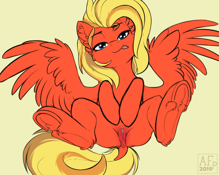 2019 absurd_res airfly-pony anus ass blonde_mane blue_eyes dock equid equine fan_character feathered_wings feathers female feral fur genitals hasbro hi_res inner_ear_fluff looking_at_viewer lying mammal mane my_little_pony on_back pegasus presenting presenting_anus presenting_crotch presenting_pussy pussy red_body red_feathers red_fur red_wings signature simple_background solo spread_legs spreading text tongue tongue_out tuft underhoof wings yellow_background yellow_tail