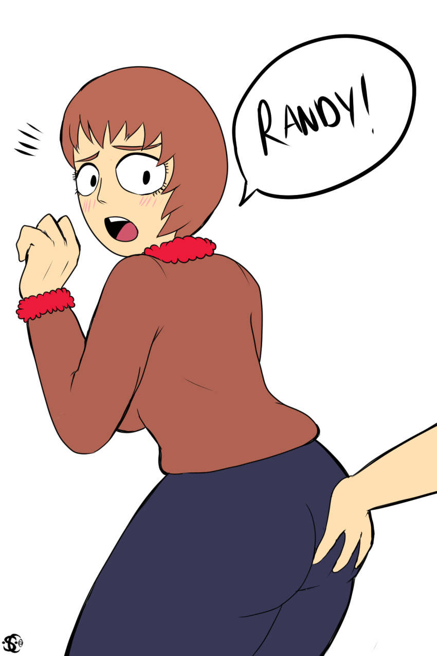 1girls artist_request ass blue_pants blush brown_hair brown_shirt clothed clothed_female clothing female female_only grope hand_on_ass implied_male looking_back mature mature_female milf pants randy_marsh sharon_marsh south_park