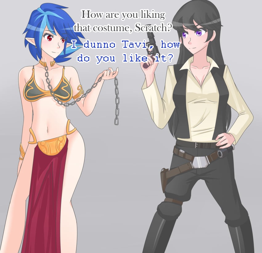 black_hair blaster blue_hair chains clothed crossover_cosplay dj_pon-3_(mlp) female female_only femdom femsub han_solo_(cosplay) jonfawkes lezdom loincloth my_little_pony my_little_pony_friendship_is_magic octavia_melody purple_eyes red_eyes slave slave_bikini slave_leia_(cosplay) star_wars vinyl_scratch_(mlp) yuri