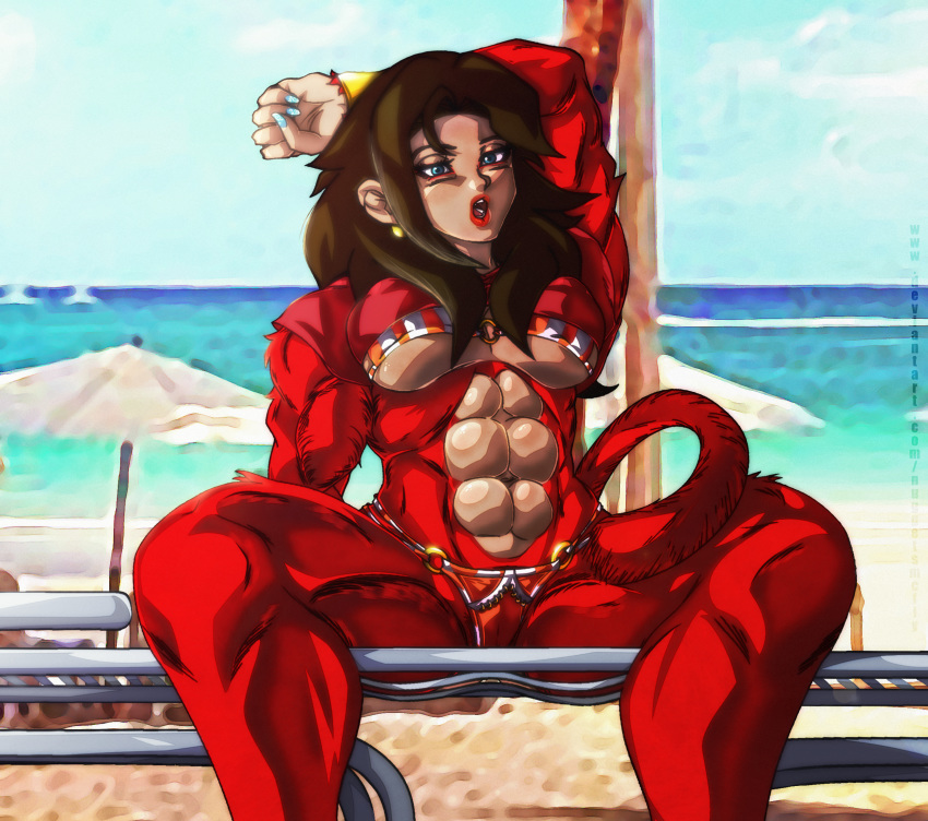 1girls 2019 abs arms_above_head arms_up beach bikini blue_eyes blue_nail_polish blue_nails breasts brown_hair crop_top dragon_ball dragon_ball_super earrings female female_focus female_only hair_on_breasts hair_on_shoulder kale legs lips lipstick muscles muscular muscular_female nuggetmcfly panties red_eyeshadow red_fur red_lips red_lipstick saiyan saiyan_tail shiny shiny_hair shiny_skin sitting sitting_down solo stretching super_saiyan super_saiyan_4 tail thick thick_legs thick_thighs thighs thong thong_bikini underboob