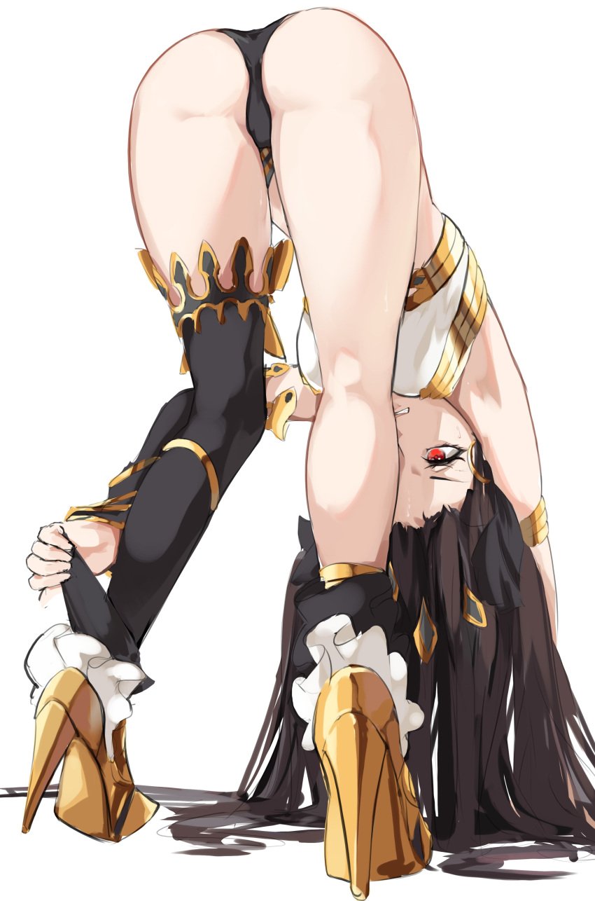 absurdres ass asymmetrical_legwear bent_over black_hair earrings fate/grand_order fate_(series) female fully_clothed high_heels highres ishtar_(fate) jewelry kilalesi legs long_hair red_eyes simple_background single_thighhigh solo standing thighhighs top-down_bottom-up twintails white_background