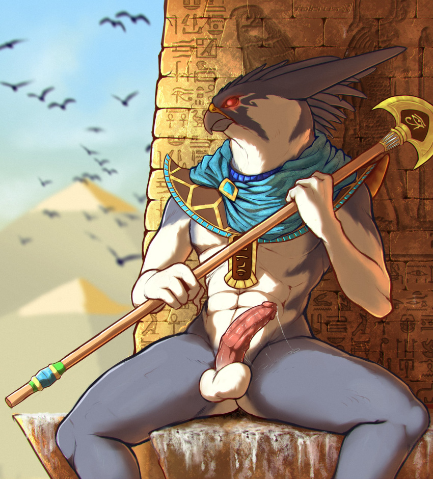 2020 4_fingers abs absurd_res ambient_bird anthro aroused athletic athletic_anthro athletic_male avian balls beak bird blue_clothing blue_topwear blurred_background bodily_fluids bottomless clothed clothing day deity digital_media_(artwork) egyptian egyptian_clothing egyptian_mythology erection exposed falcon falconid falcrus falcrus_(character) fan_axe feathers fierce fingers front_view frown genital_fluids genitals glans glowing glowing_eyes grey_beak grey_body grey_ears grey_feathers grey_skin heiroglyphs hi_res holding_object holding_polearm holding_weapon looking_aside male male_only medial_ring melee_weapon middle_eastern_mythology multicolored_body multicolored_skin mythology outside penis peregrine_falcon pink_penis pinup polearm pose precum precum_string pyramid pyramids red_sclera sitting solo spread_legs spreading tapering_penis topwear two_tone_body two_tone_skin weapon white_balls white_body white_eyes white_skin