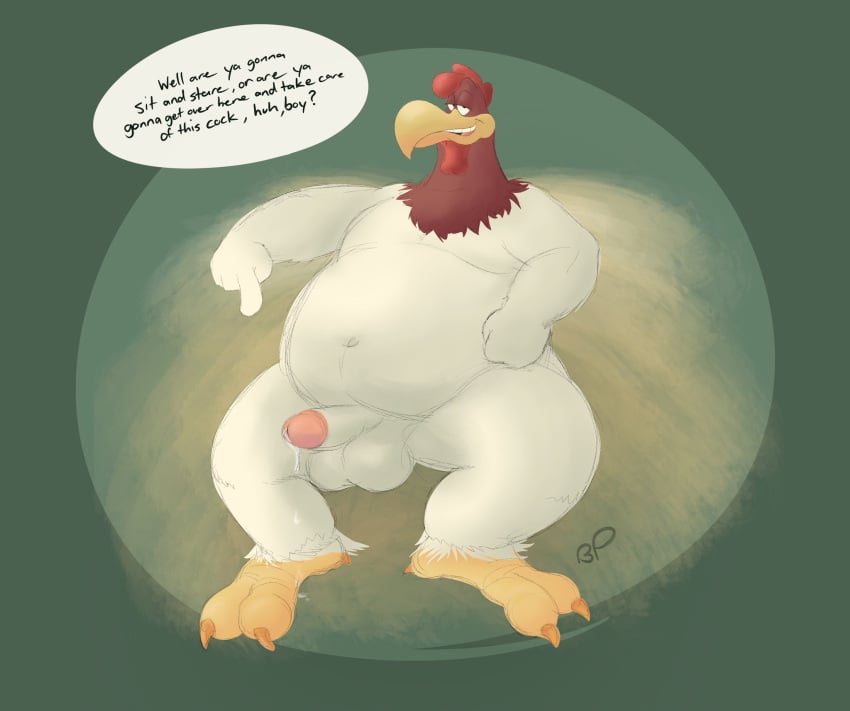 anthro avian avian_caruncle balls bastardpalace beak belly bird black_eyes bodily_fluids chicken chubby_male colored_sketch comb_(anatomy) cum_leaking dewlap_(anatomy) dialogue english_text erection foghorn_leghorn fur furry galliform gallus_(genus) genital_fluids genitals gesture half-closed_eyes hand_on_stomach head_crest hi_res humanoid_genitalia humanoid_penis looking_at_viewer looney_tunes male male_only narrowed_eyes navel penis phasianid pointing pointing_at_penis pointing_down precum red_body red_fur slightly_chubby smile smirk soft_feathers solo speech_bubble talons teeth text thick_legs thick_thighs tongue toothed_beak warner_brothers wattle white_body white_fur white_sclerea yellow_beak yellow_feet