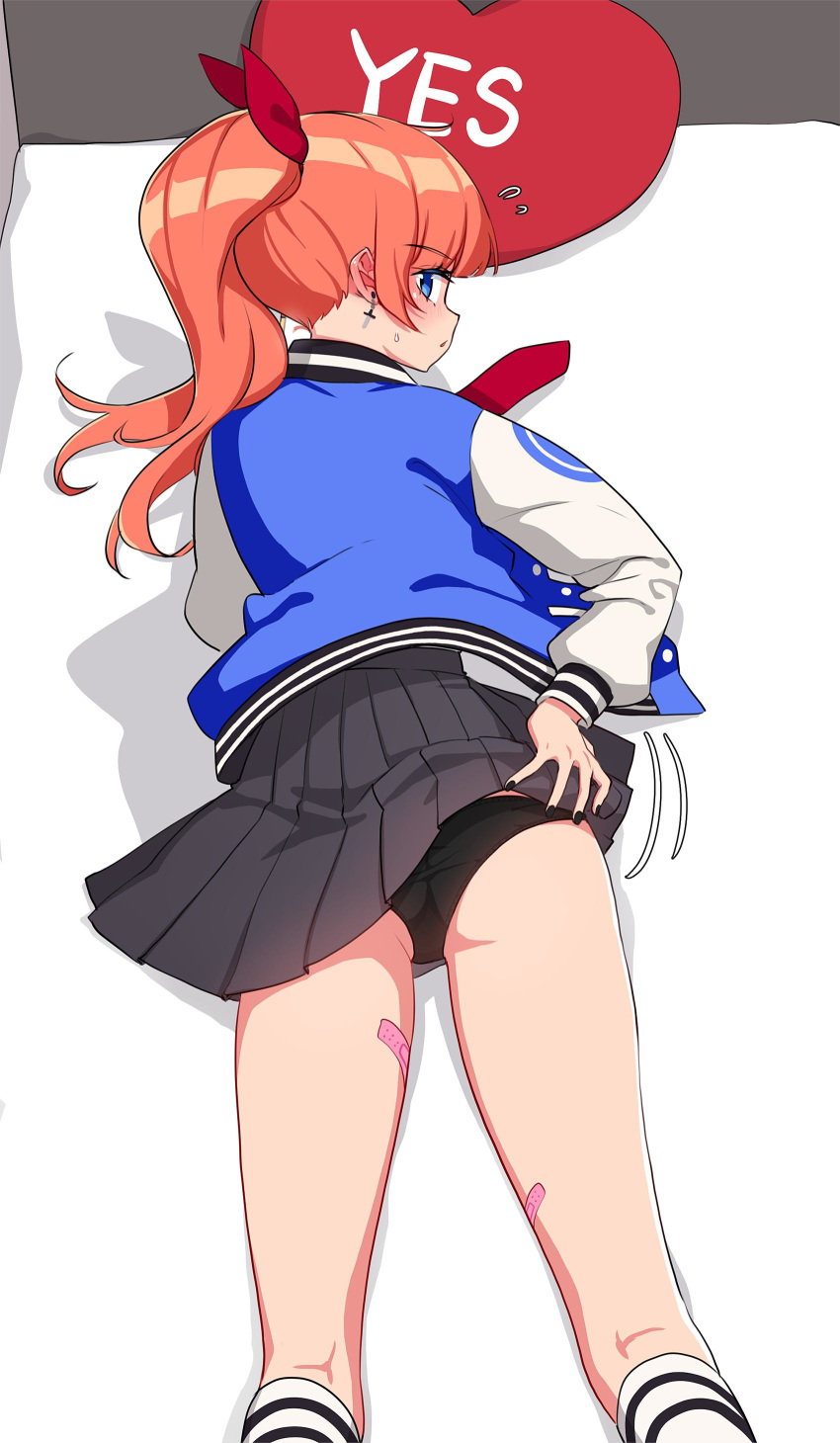 1girls ass bandaid black_panties black_skirt blue_eyes blue_jacket blush embarrassed eyebrows_visible_through_hair human jacket jewelry kneehighs kunio-kun kyoko_(kunio-kun) legs letterman_jacket long_hair looking_at_viewer looking_back nail_polish open_clothes orange_hair outerwear panties pantyshot pleated_skirt ponytail ribbon river_city_girls skirt_lift solo thighs underwear varsity_jacket wayforward