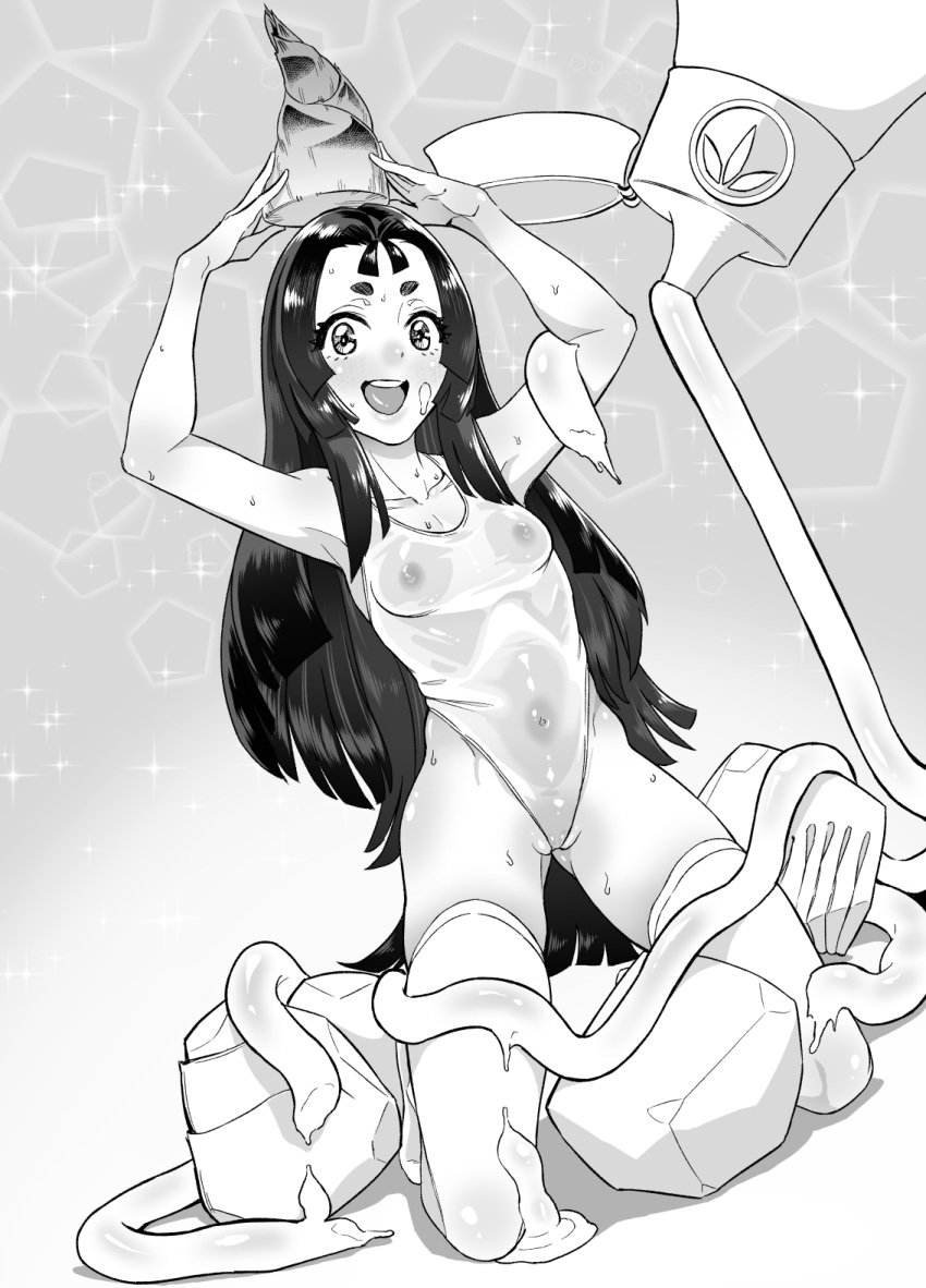 ahorobo armpits arms_up blush collarbone covered_navel covered_nipples greyscale hat highres kaguya_hime kneeling long_hair monochrome open_mouth original see-through short_eyebrows smile sparkle sweat swimsuit tagme taketori_monogatari teeth thighhighs tongue upper_teeth very_long_hair