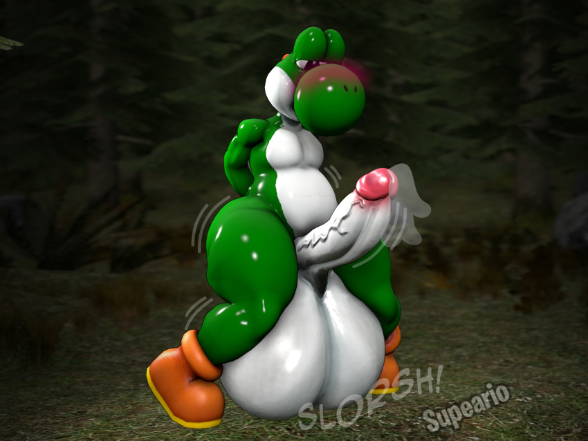 3d anthro balls big_balls big_penis blush bodily_fluids genital_fluids genitals green_yoshi hi_res huge_balls hyper hyper_balls hyper_genitalia male male_only mario_(series) nintendo penis precum solo source_filmmaker supeario video_games yoshi